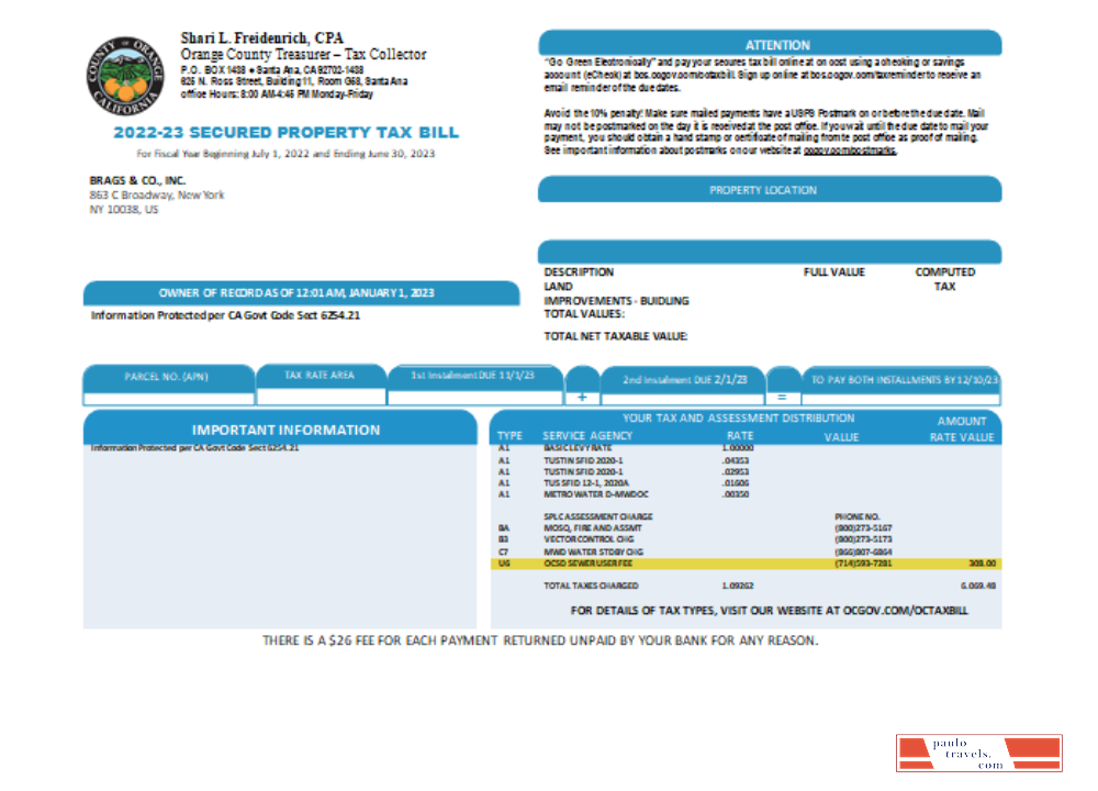 County of Orange California property tax business bill, SCR PSD template